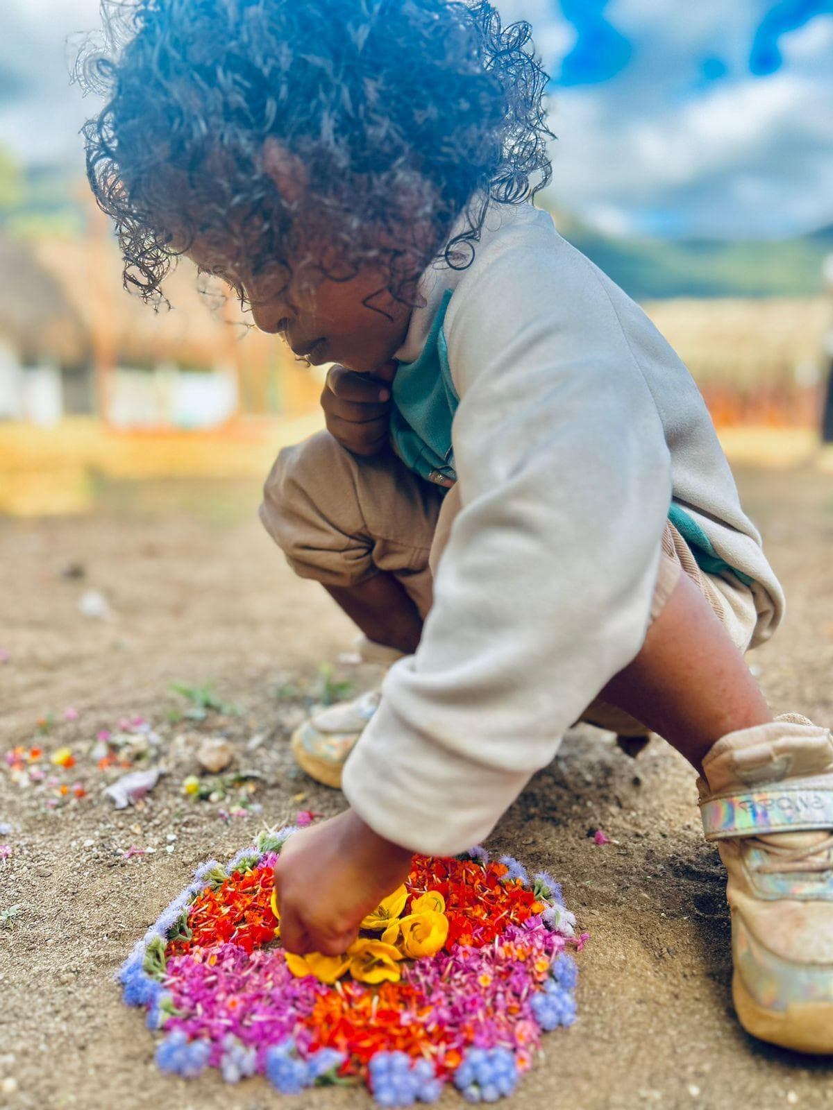 A young child arranging flower petals into a pookalam on the ground